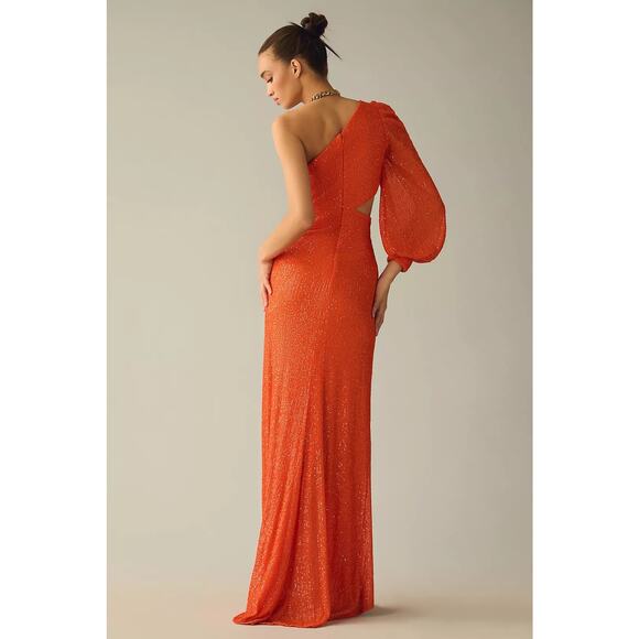 Mac Duggal Sequined One Shoulder Cut out Gown Orange Sz 8 Formal - Picture 3 of 9